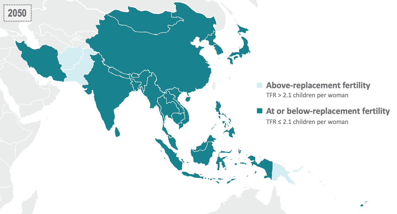 Map of East Asia with the following countries colored to indicate that they expect to have below-replacement fertility rates: China, Dem. People's Republic of Korea, Japan, Mongolia, Republic of Korea, Bangladesh, Bhutan, India, Islamic Republic of Iran, Maldives, Nepal, Sri Lanka, Cambodia, Indonesia, Lao People's Democratic Republic, Malaysia, Myanmar, Philippines, Thailand, Timor-Leste, Viet Nam, Fiji, Marshall Islands, Federated States of Micronesia, Niue, Palau, Tokelau, Taiwan, and Singapore. The following countries are not marked as being projected to have at or below-replacement fertility rates: Afghanistan, Pakistan, Papua New Guinea, The Cook Islands, Kiribati, Nauru, Samoa, The Solomon Islands, Tonga, Tuvalu, and Vanuatu.